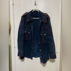 Vintage Men’s Blue Leather Suede Red Stitch Bohemian Hippie Folk Wear Jacket L